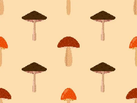 Mushrooms seamless pattern in pixel art style. Mushrooms in 8 bit 90s video g Stock Illustration