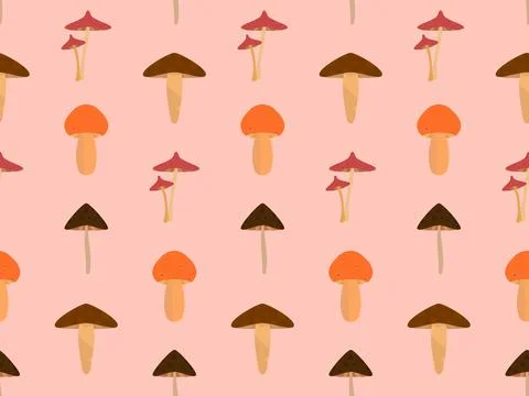 Mushrooms seamless pattern. Various mushrooms, edible and toadstools. Poisono 스톡 일러스트