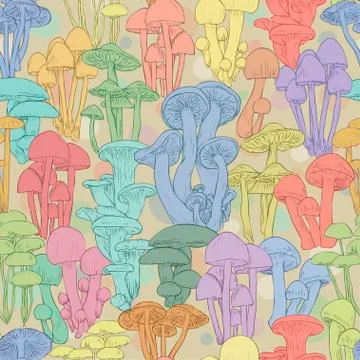 Mushrooms seamless pattern wallpaper. Line illustration multicolor mushrooms on Stock Illustration