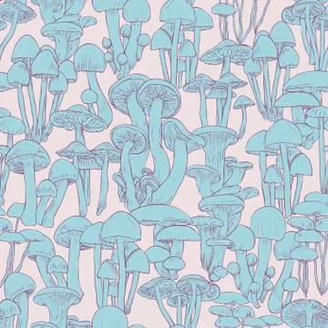 Mushrooms seamless pattern wallpaper. Line illustration blue mushrooms on pink Stock Illustration
