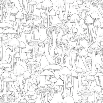 Mushrooms seamless pattern wallpaper. Line illustration black and white Stock Illustration
