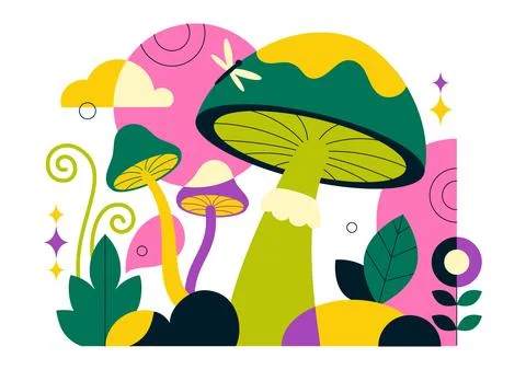 Mushrooms Vector Illustration Featuring Different Mushrooms, Grass And Inse.. Stock Illustration