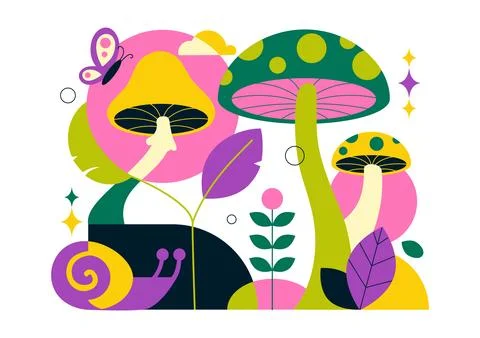 Mushrooms Vector Illustration Featuring Different Mushrooms, Grass And Inse.. Stock Illustration