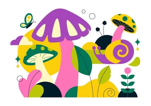 Mushrooms Vector Illustration Featuring Different Mushrooms, Grass And Inse.. Stock Illustration