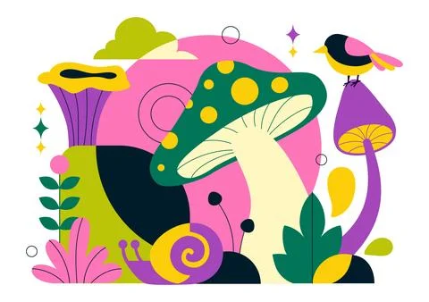 Mushrooms Vector Illustration Featuring Different Mushrooms, Grass And Inse.. Stock Illustration