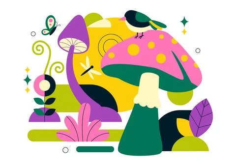Mushrooms Vector Illustration Featuring Different Mushrooms, Grass And Inse.. Stock Illustration