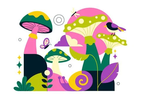 Mushrooms Vector Illustration Featuring Different Mushrooms, Grass And Inse.. Stock Illustration