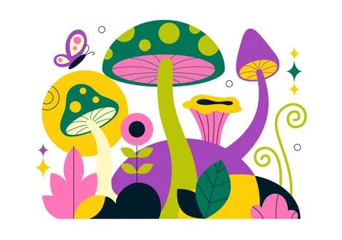 Mushrooms Vector Illustration Featuring Different Mushrooms, Grass And Inse.. Stock Illustration