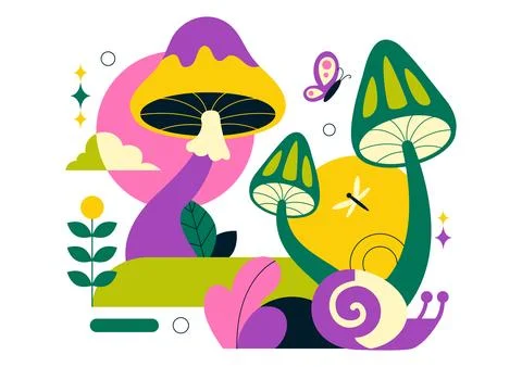 Mushrooms Vector Illustration Featuring Different Mushrooms, Grass And Inse.. Stock Illustration