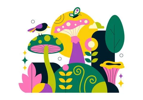 Mushrooms Vector Illustration Featuring Different Mushrooms, Grass And Inse.. Stock Illustration
