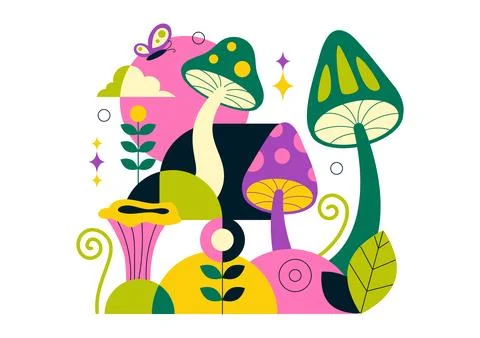 Mushrooms Vector Illustration Featuring Different Mushrooms, Grass And Inse.. Stock Illustration