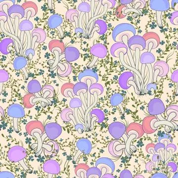 Mushrooms vector pattern. Seamless with mushrooms on a light background. Leav Stock Illustration