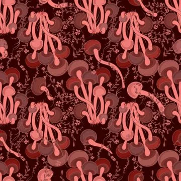 Mushrooms vector pattern. Seamless pattern with mushrooms on a dark burgundy  Stock Illustration