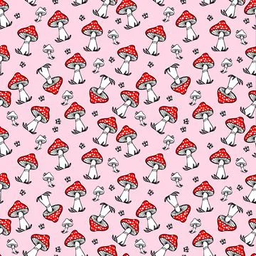 Mushrums with red hat seamless pattern for textile Stock Illustration