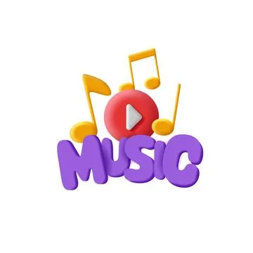 Music 3d composition with volume notes and play button and rounded lettering Stock Illustration