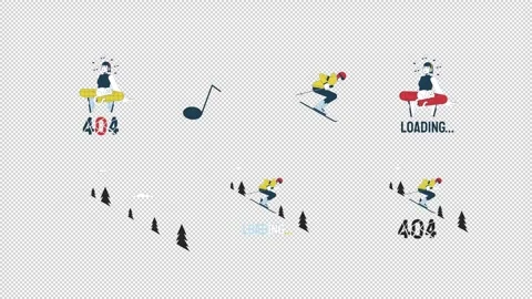 Music and skiing in loading 404 states cartoon animation pack Stock Footage 345569895