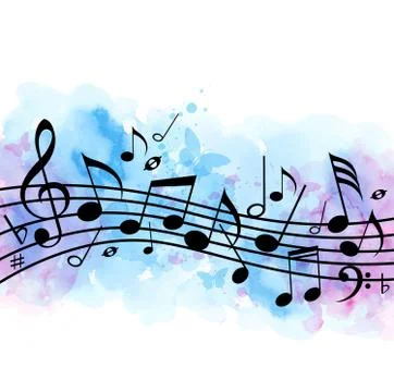 Music background with notes and blue watercolor texture Illustrazione stock