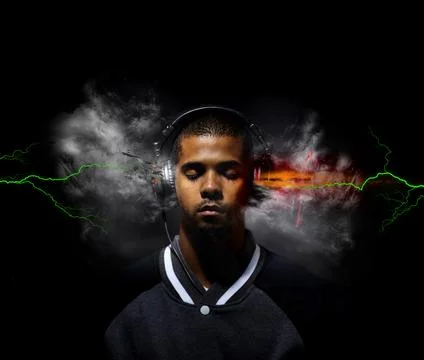 Music beats explode my mind. Digitally enhanced image of a young man listenin Stock Photos