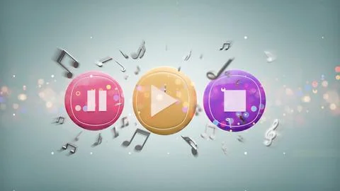 Music button and notes playing on a background 3d rendering Stock Illustration