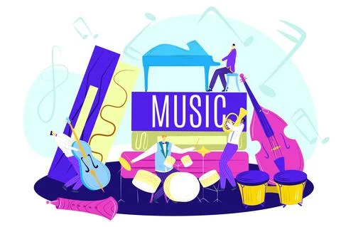 Music class concept, vector illustration. Cartoon education, study how to play Stock Illustration