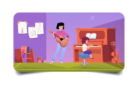 Music class learning vector flat illustration, girl playing on piano, woman Illustrazione stock