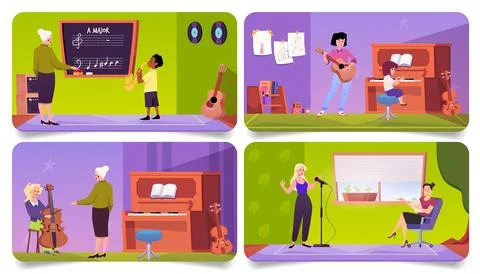 Music class learning vector flat set, kids playing on piano, saxophone, cello Stock Illustration