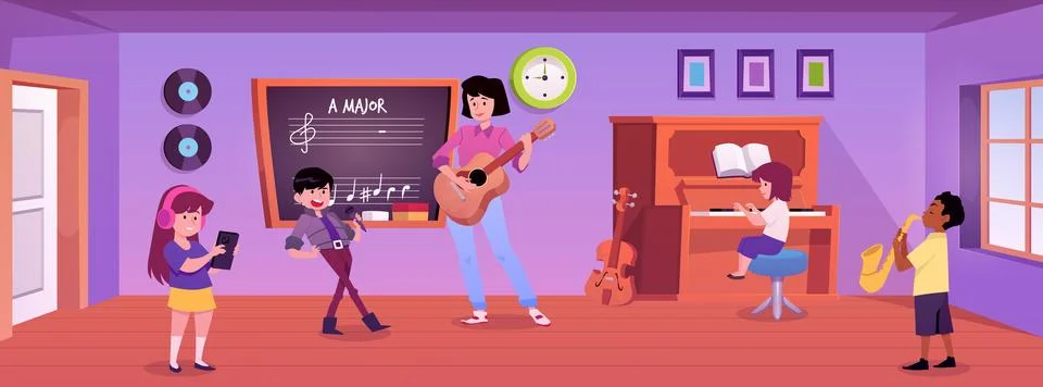 Music class learning vector illustration, kids playing on piano, saxophone and Stock Illustration