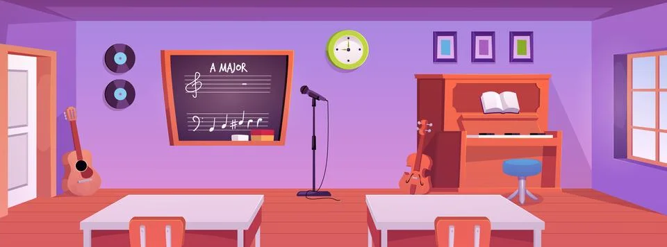 Music classroom interior flat vector, cartoon cabinet with furniture and musical Illustrazione stock