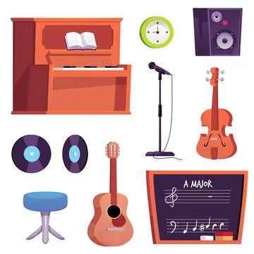 Music classroom interior items and instruments set, vector illustration. Stock Illustration