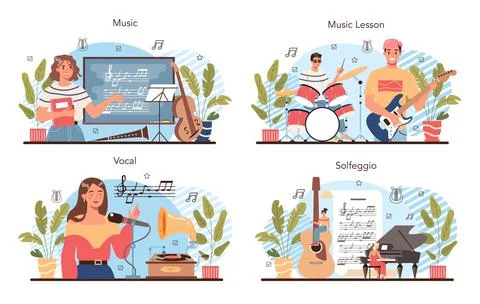 Music club or class set. Students learn to play music. Young musician Stock Illustration