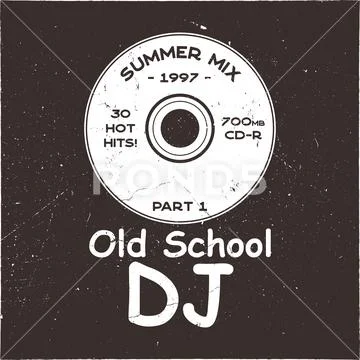 Music concept T-shirt design. Old School DJ tee with CD and sign - summer mix Stock Illustration