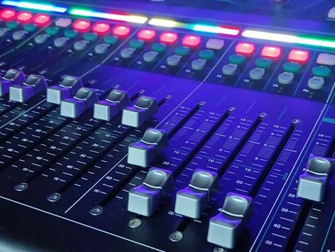 Music console close view background, professional sound device Stock Photos