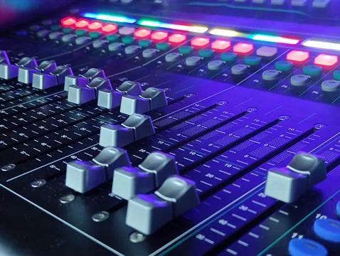 Music console close view background, professional sound device Stock Photos