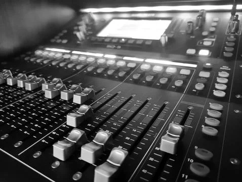 Music console close view background, professional sound device black and wh.. Stock Photos