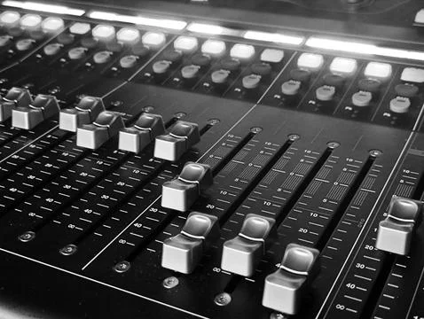 Music console close view background, professional sound device black and wh.. Stock Photos