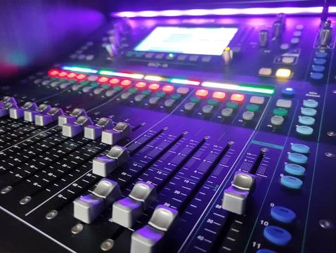 Music console close view background, professional sound device Stock Photos
