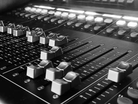 Music console close view background, professional sound device black and wh.. Stock Photos