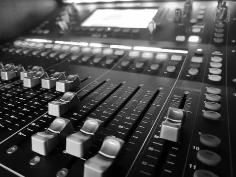 Music console close view background, professional sound device black and wh.. Stock Photos