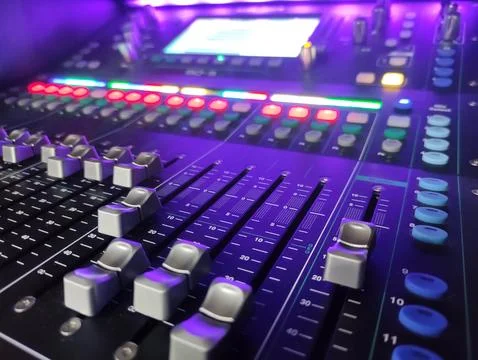 Music console close view background, professional sound device Stock Photos