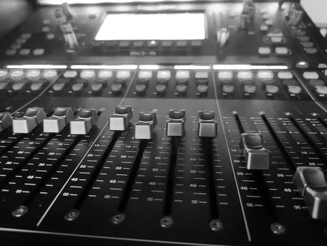 Music console close view background, professional sound device black and wh.. Stock Photos