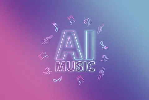 Music created by artificial intelligence. Neon letters and musical notes on.. Stock Illustration