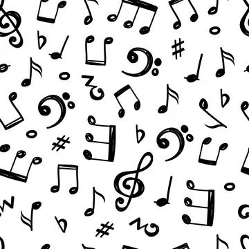 Music doodle pattern, song notes black silhouette isolated on white backgroun Illustrazione stock