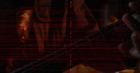 Music duo jamming pick hitting strings causing fretting, zooming to neck, Video stock 333904160