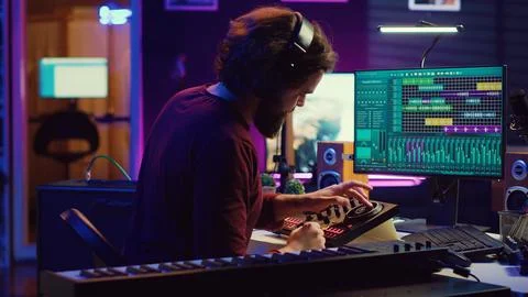 Music engineer using usb stick to edit and add sound effects on audio recording Fotos de archivo