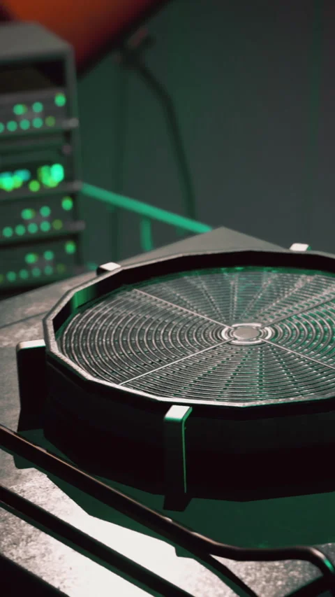 Music equipment setup in a recording studio with green lights and details Video stock 335190371