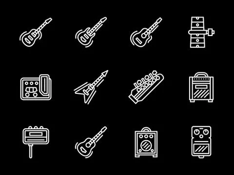 Music equipment white line vector icons. Guitars Stock Illustration