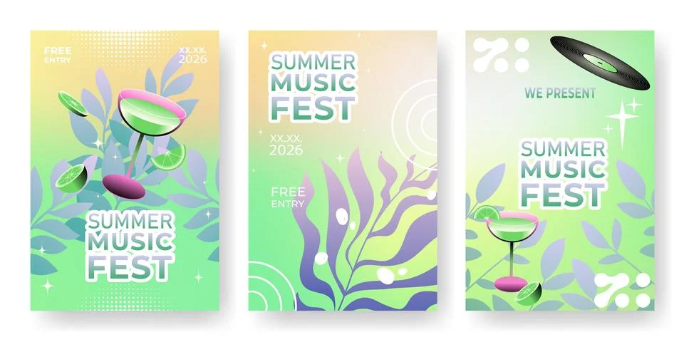 Music fest poster set, gradient, abstract waves Stock Illustration