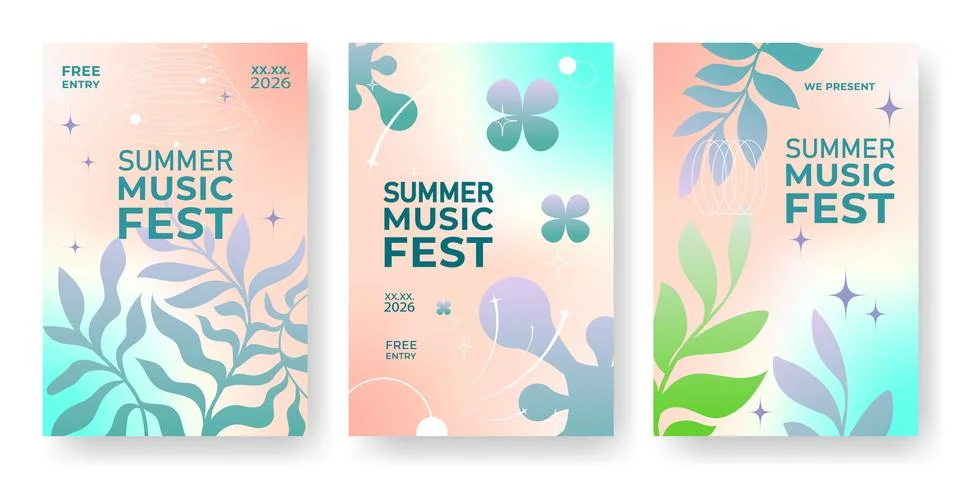 Music fest poster set, gradient, abstract waves Stock Illustration