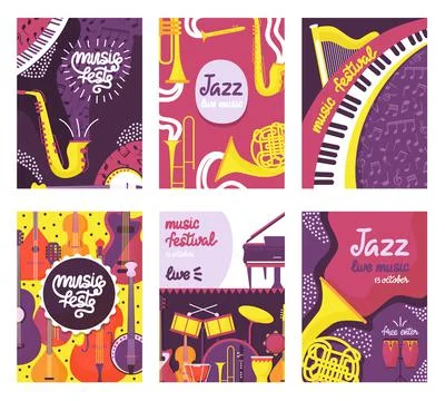 Music festival posters with instruments. Jazz street fest flyers, musical summer Stock Illustration