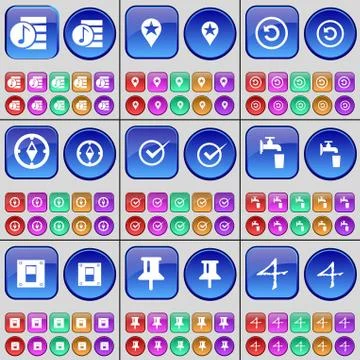 Music file, Checkpoint, Reload, Compass, Tick, Tap, Switch, Pin, Four. A large s Stock Illustration